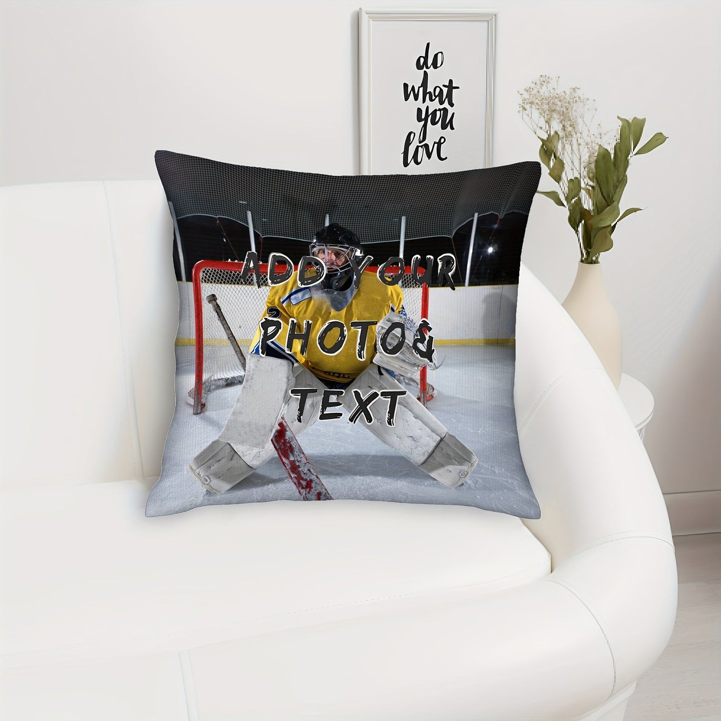 One personalized ice hockey goalie photo pillow cover available for purchase. Made of polyester and short plush material with a single-sided print. Does not come with an insert. Designed to fit a 45.72x45.72 cm pillow. Perfect gift for hockey fans