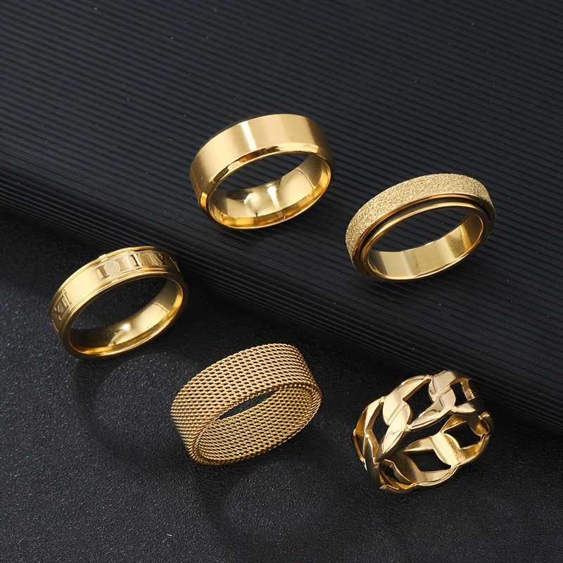 Set of 5 fashion stainless steel rings, featuring simple golden rotatable designs and hip hop hollow out styles. Perfect for a Christmas gift.