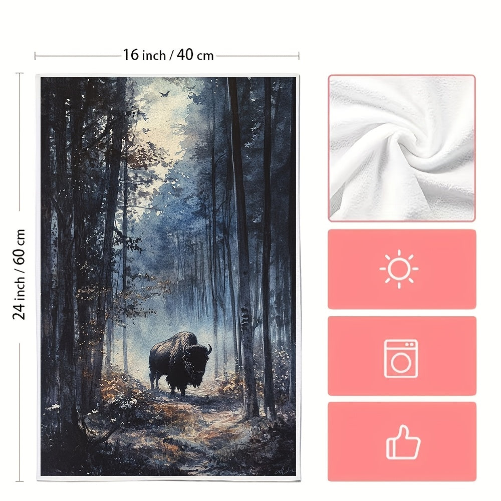 Ultra Soft Kitchen Towels featuring Majestic Bison in Woods Scene - Set of 2. Highly Absorbent, Machine Washable Dish Hand Towels with Contemporary Style. Size: 40.64x60.96 cm. Made of Ultrasoft Polyester. Perfect for any modern kitchen.