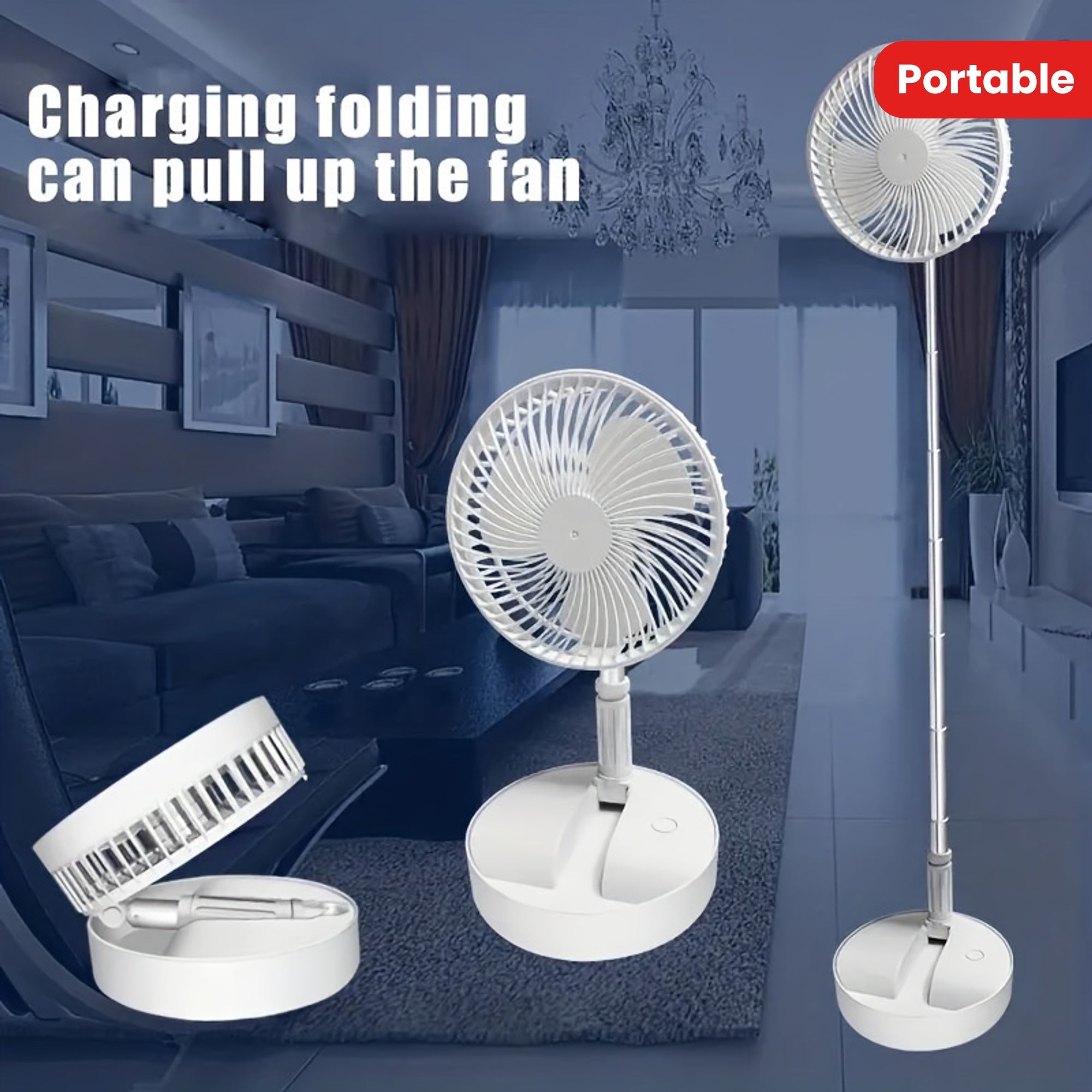 Portable plastic fan with adjustable height, 4 speed settings, oscillating feature, cordless design, button controls, and USB rechargeable built-in lithium battery for use in home or office.