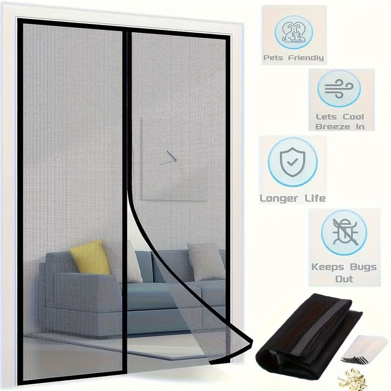 Simple magnetic mesh curtain for summer, repels insects and mosquitoes, breathable polyester blend, ideal for bedroom, living room, and wardrobe doors.