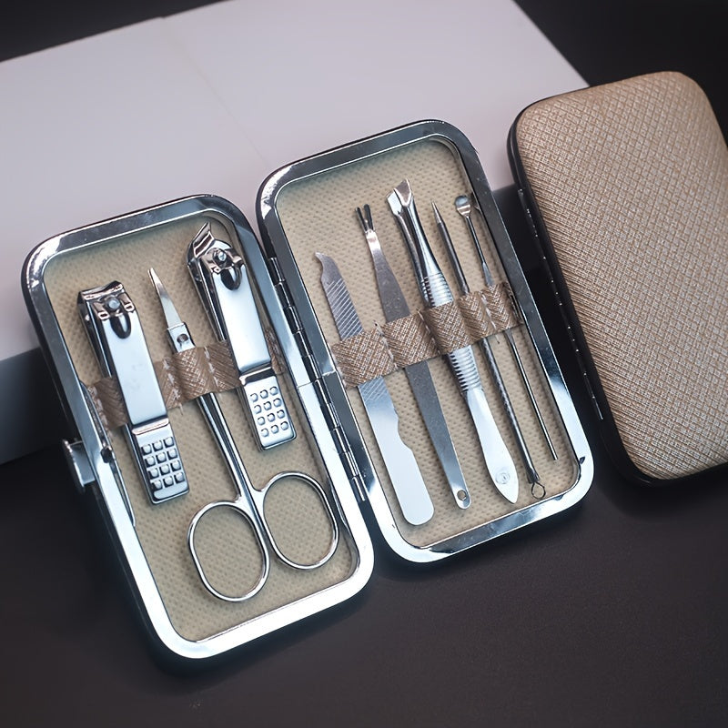 Manicure and pedicure set with nail clippers, files, ear spoon, and portable case for nail care at home or on-the-go.