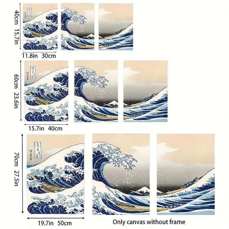 Set of 3 Japanese-style canvas print posters depicting Waves of Kanagawa. Ideal for various wall decor in living rooms, bedrooms, bathrooms, offices, hallways, and kitchens. Frames not included.