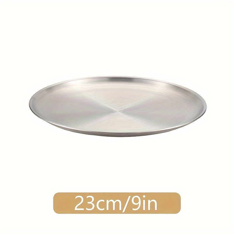 1pc Stainless Steel Dinner Plate for kitchen, restaurant, party use. Can be used as a fruit plate, meat plate, cake plate, dessert plate, or round plate.