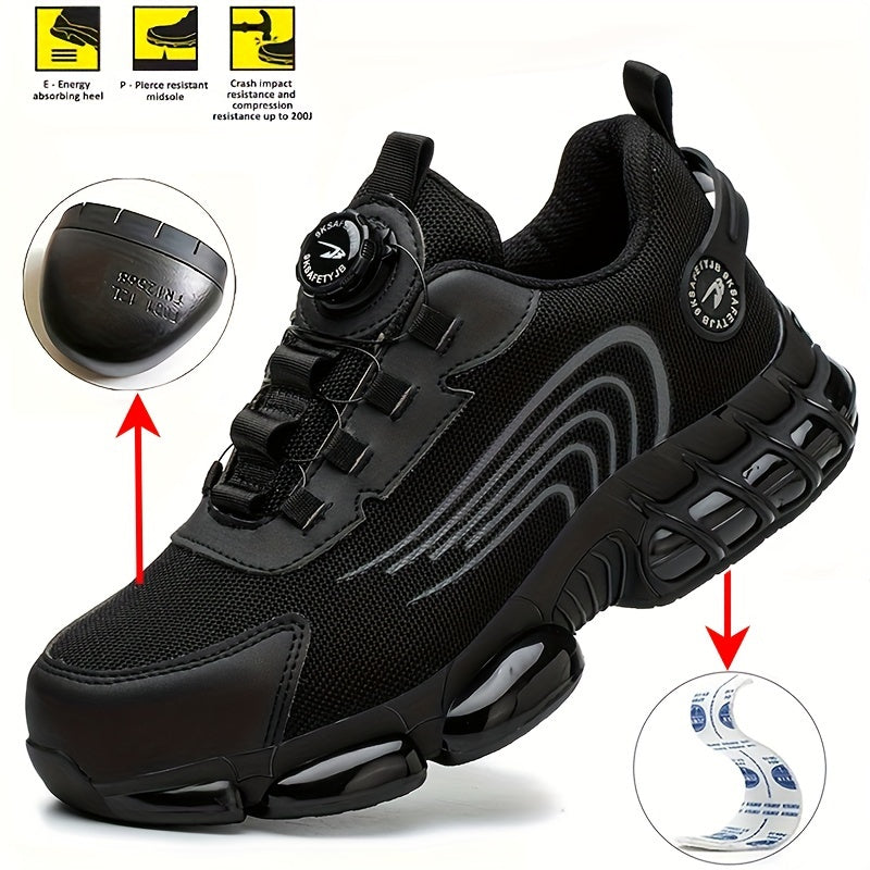 Steel cap footwear: durable safety shoes with rotating buckle, breathable mesh upper, and non-slip rubber sole for year-round wear.