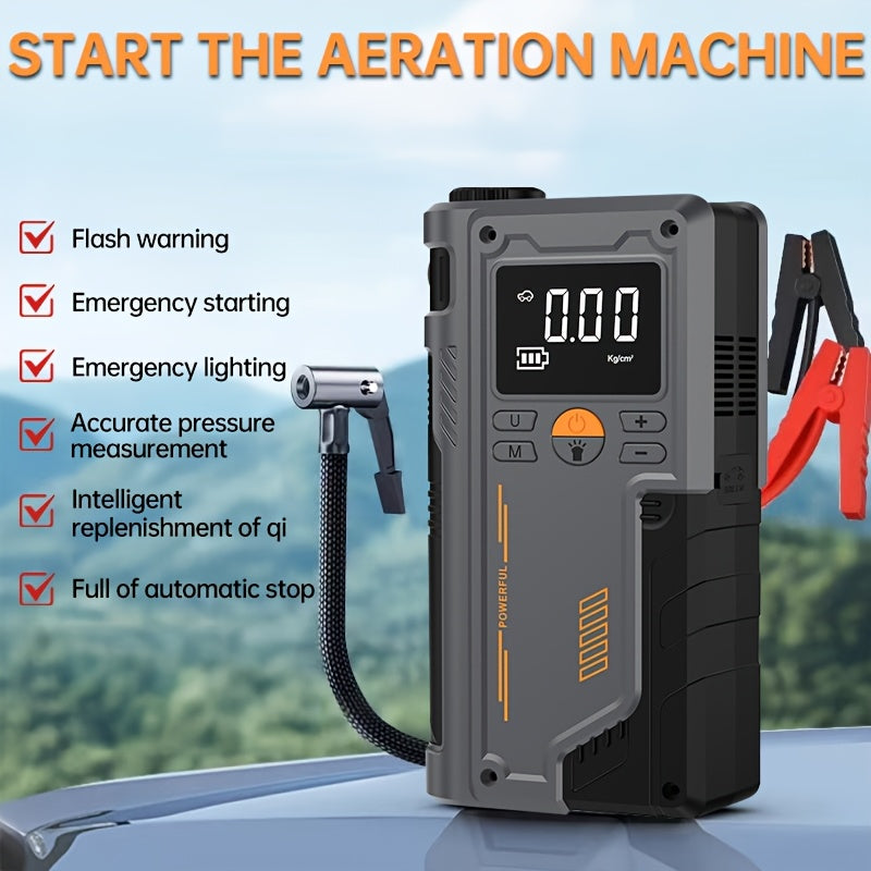 Introducing a versatile portable emergency starter with tire inflator, USB charging, and LED light, perfect for cars, motorcycles, bicycles, and more.