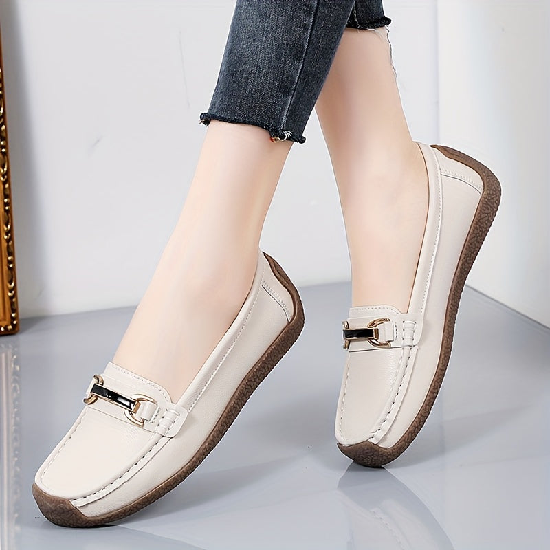 Women's metal decor loafers, casual slip-on flat shoes with lightweight faux leather material.