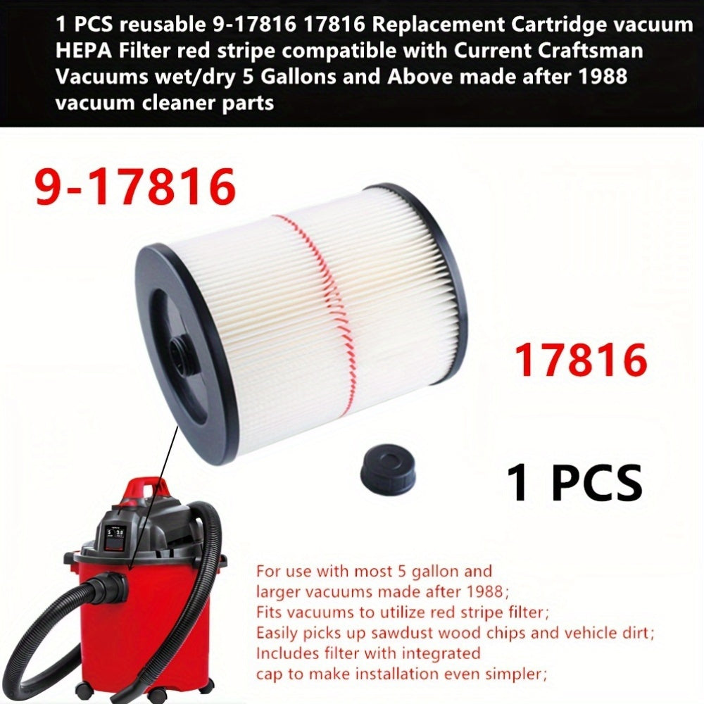 Craftsman Wet/Dry Vacuums Post-1988 1 Piece Reusable HEPA Cartridge Filter 9-17816, Compatible with Current Models, 18.93 L & Up - Red Stripe General Purpose Vacuum Filter