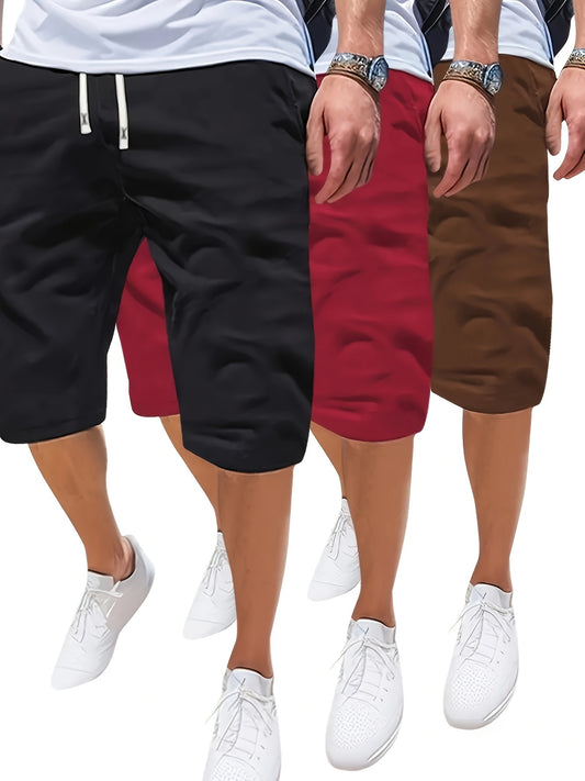 3 Plus Size Men's Casual Shorts with drawstring waist and pockets. Made of breathable polyester, machine washable.