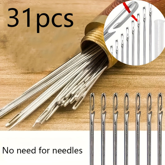 Set of 31 thread-free sewing needles with needle box. Easy-to-thread needles suitable for patchwork and embroidery, ideal for elderly and blind individuals. Includes 30 sewing needles and a