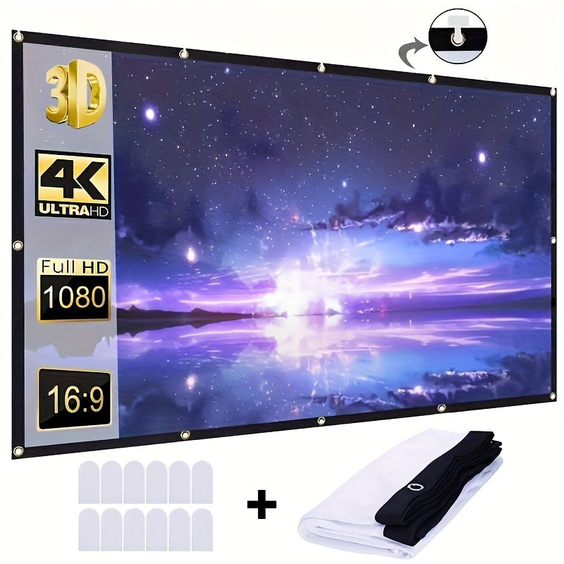 150-inch foldable 4K Ultra HD projector screen with wrinkle-proof polyester fabric, 16:9 aspect ratio. Ideal for home and outdoor use, compatible with dual-sided projection.