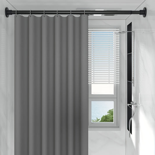 Adjustable metal telescopic rod with spring for easy tension installation and gravity support. Suitable for shower curtains, window treatments, Roman rods, and wardrobe. Features a no-drill design.