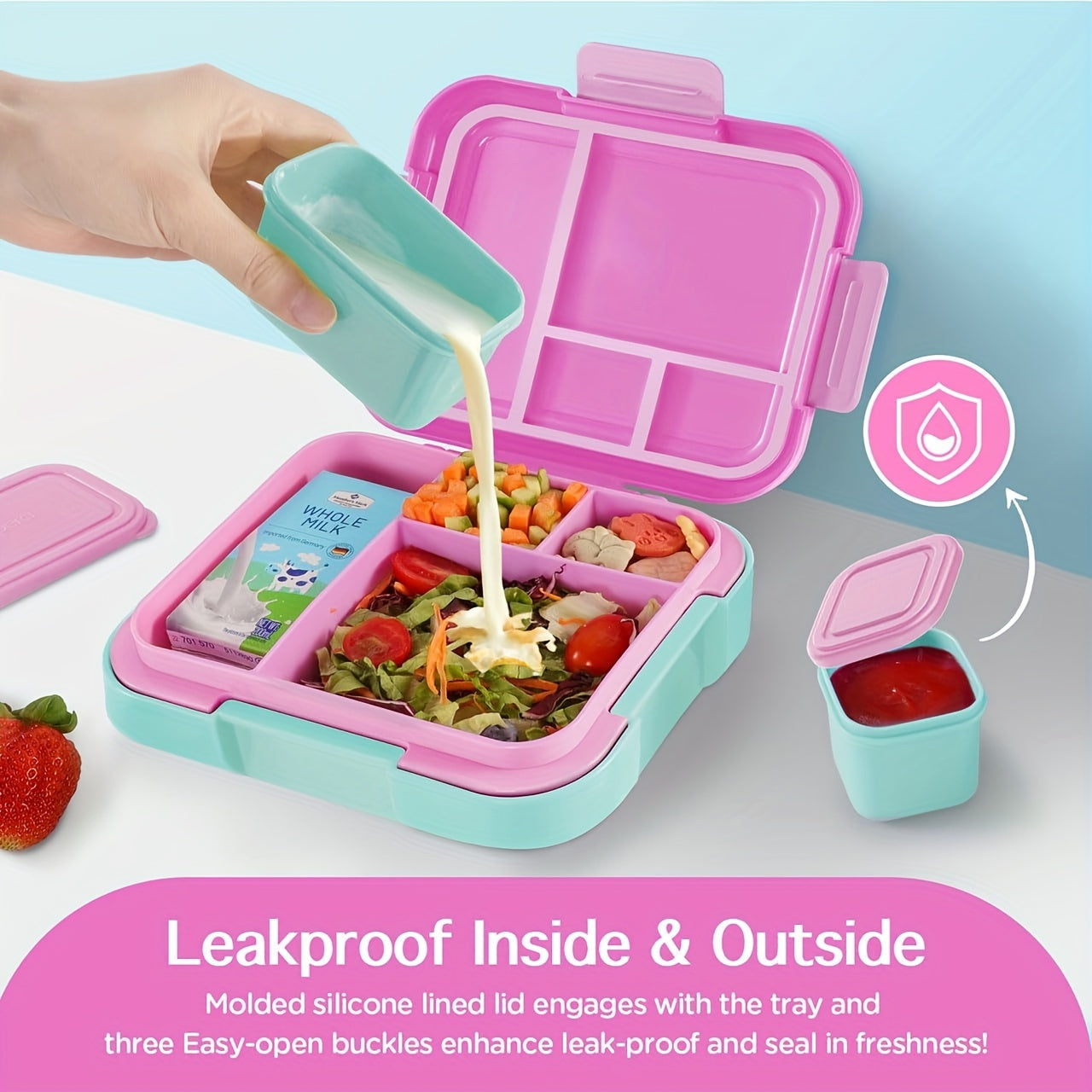 Caperci Large 4.8 Cup Bento Box in Pink - A Popular Choice for Leak-Proof Lunches on-the-Go! Features 4 Compartments, Dual Modular Containers, Portable Handle, Microwave/Dishwasher Safe, BPA-Free - Perfect for School, Work, Camping & Picnics