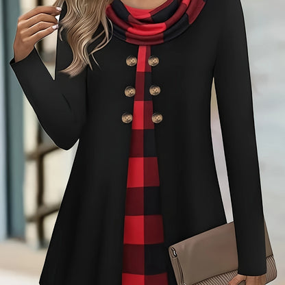 2-in-1 Plaid Print T-Shirt with Cowl Neck and Button Details for Plus Size Women