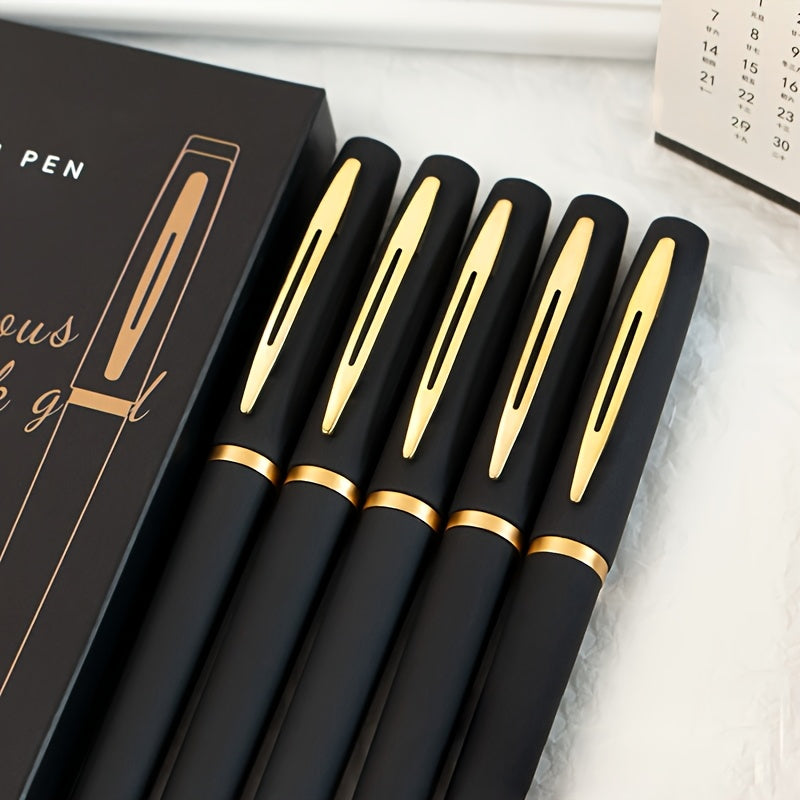 5 sleek black and golden gel pens: 0.5mm/0.7mm/1.0mm, large capacity, great for office.