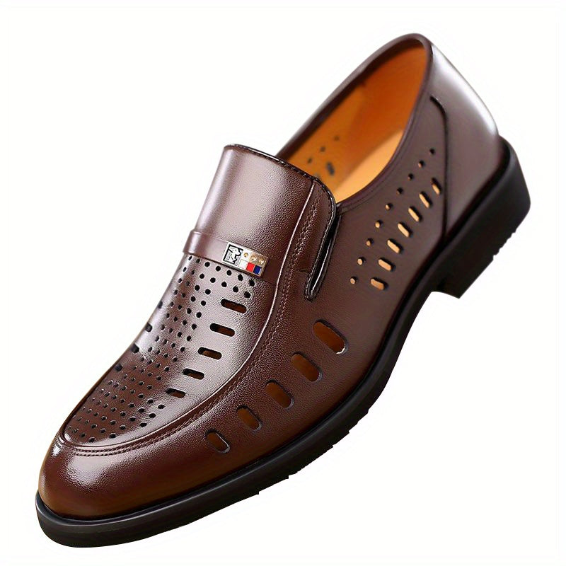 Men's slip-on formal shoes with hollow out design, wear-resistant and non-slip for business wear.