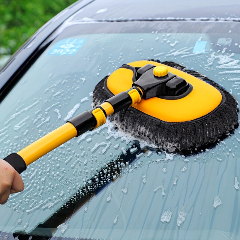 Telescoping car cleaning brush with long handle, chenille mop, and microfiber bristles. Adjustable length for easy use.