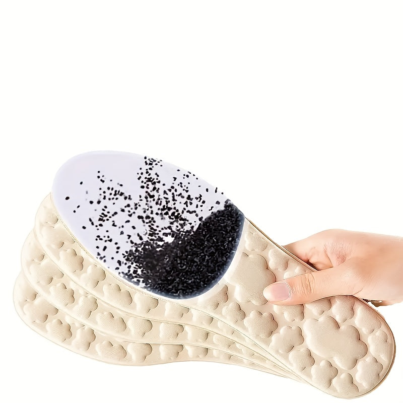 Memory foam insoles with arch support and shock absorption for high heels and sneakers, providing all-day comfort.