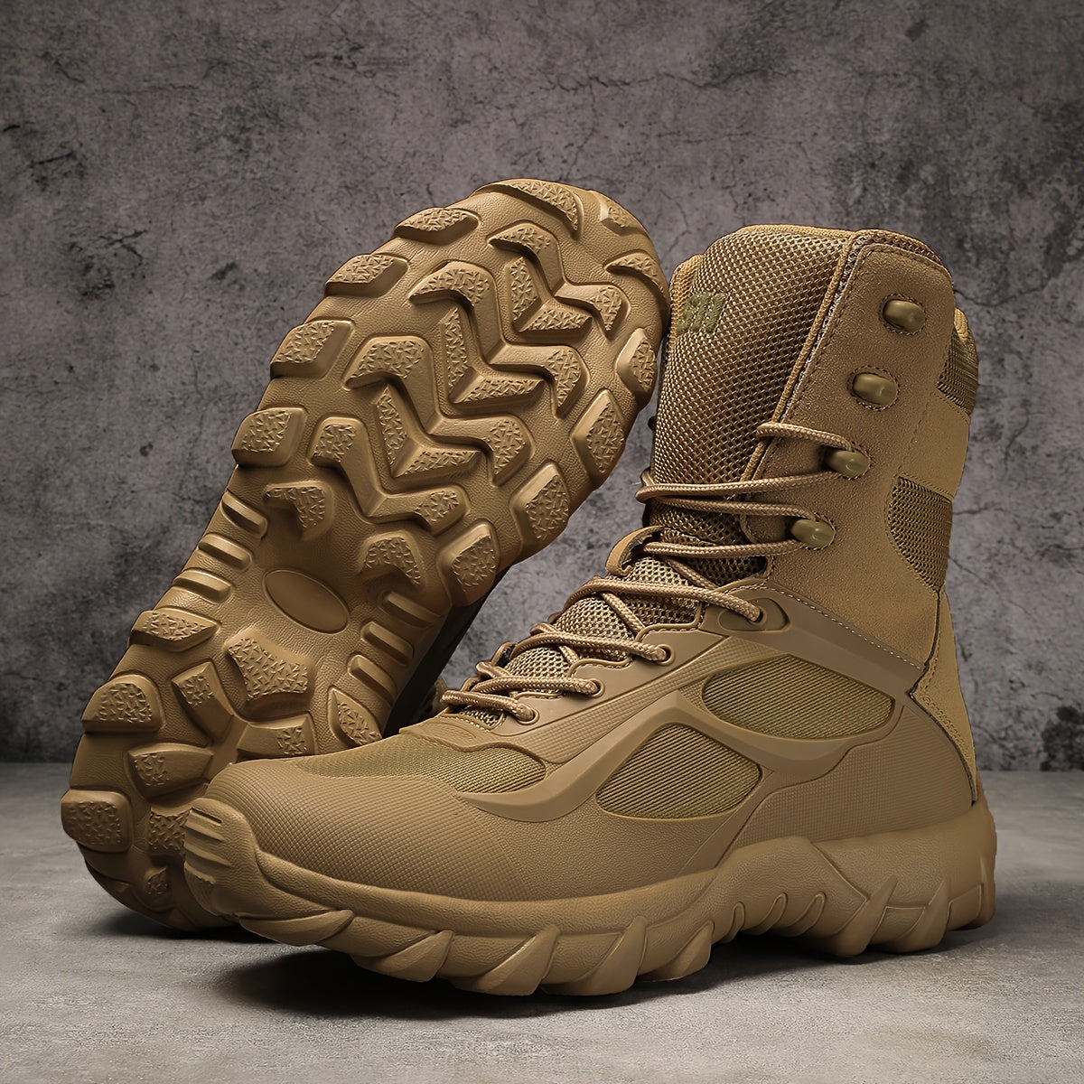 Men's tactical hiking boots with faux upper, PVC sole, fabric inner, zipper and lace closure. Short boot design with round toe, breathable and lightweight for outdoor adventures and daily