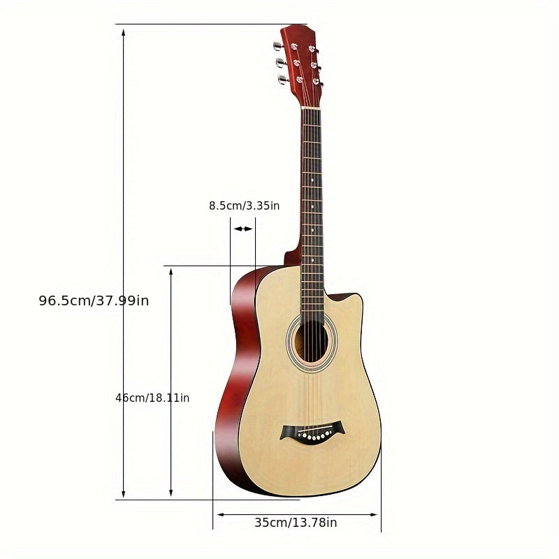 Beginner kit for a 96.52 cm acoustic guitar, featuring a basswood panel with matte finish, 18 frets, and includes bag, picks, strings, and strap.