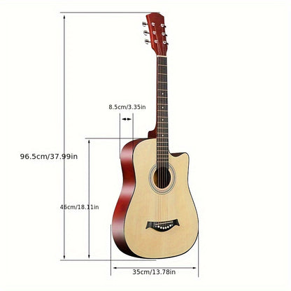 Beginner kit for a 96.52 cm acoustic guitar, featuring a basswood panel with matte finish, 18 frets, and includes bag, picks, strings, and strap.