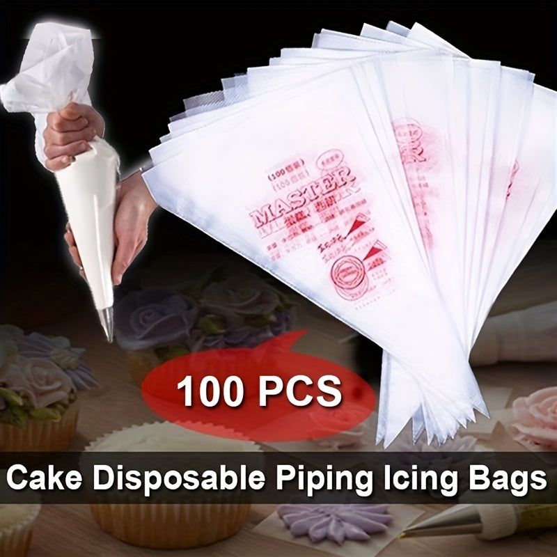 100 premium disposable piping bags for cake decorating made of durable plastic, perfect for use in kitchens and restaurants.