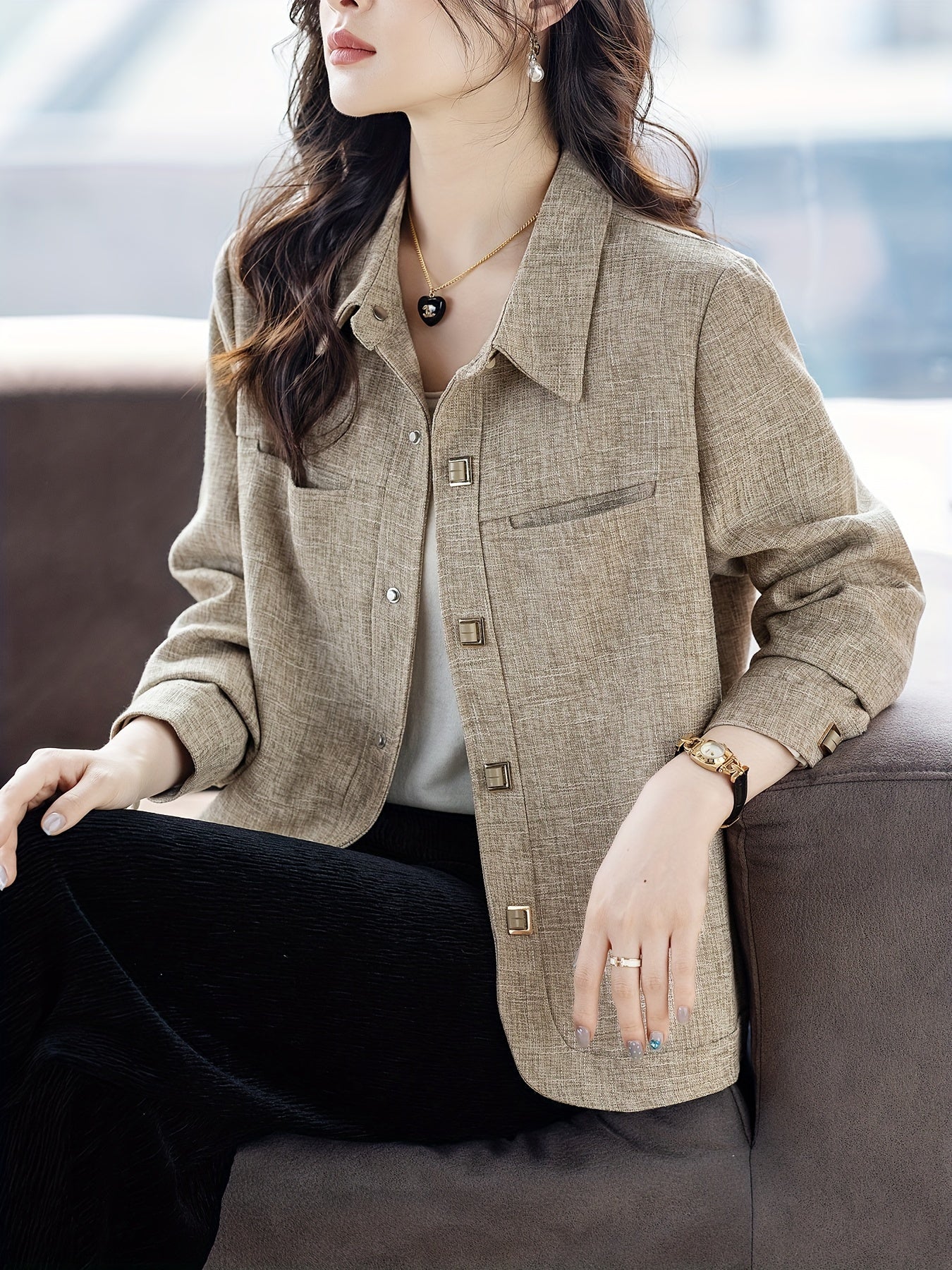 Women's Elegant Slim Fit Long Sleeve Jacket made of 100% Polyester with Asian Style Lapel Collar, Slight Stretch, and Button Detail. Ideal for Spring/Fall, available in Plus Size.