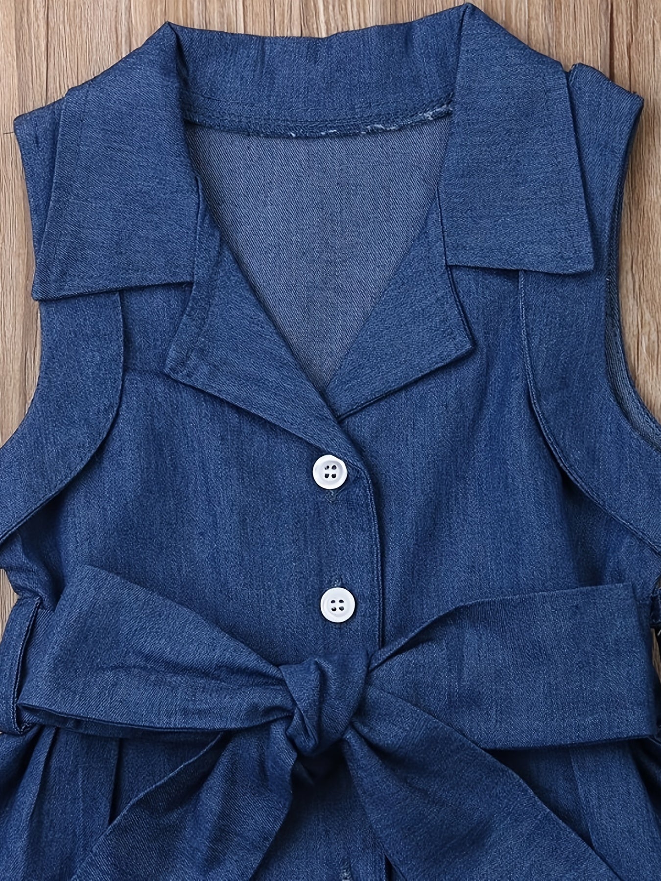 Sleeveless denim romper set with bow headband for kids, perfect for summer.