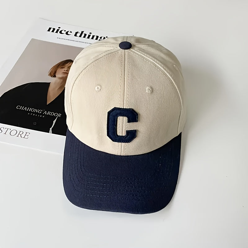 Cotton knit baseball cap with C letter embroidery, adjustable buckle back, lightweight and versatile for all seasons - perfect for outdoor casual wear.