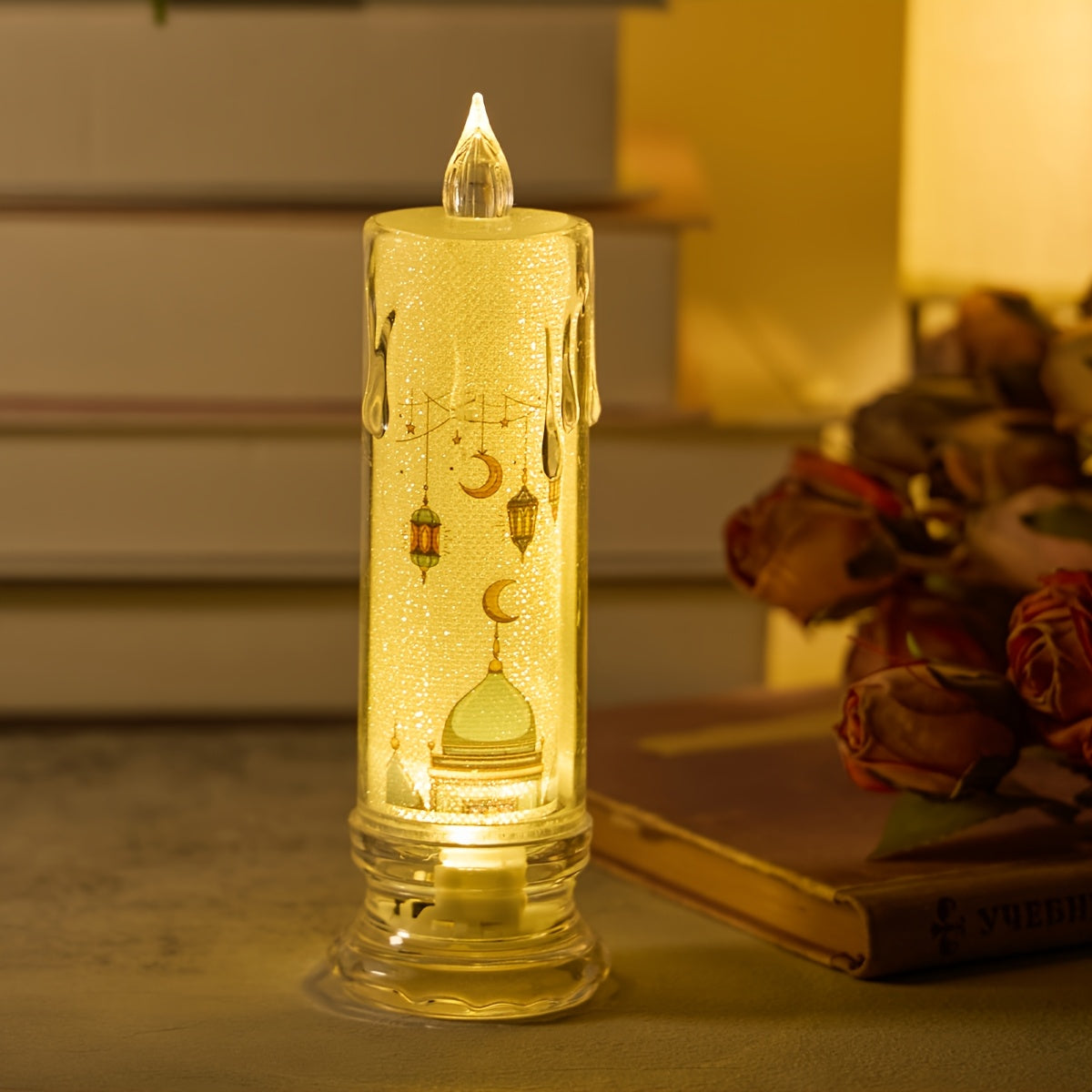 Battery-operated LED candle light for Ramadan decorations and festive atmosphere, made of plastic material with button battery power. Ideal for Ramadan, bedside, scene props, and party supplies.