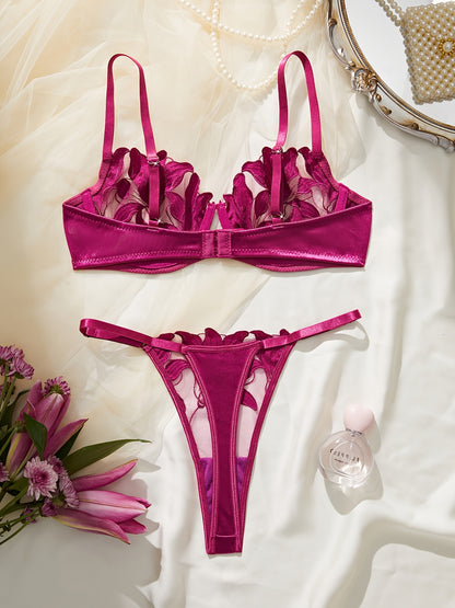 Sheer embroidered floral lingerie set with 97% polyester and 3% elastane. Adult lash sets included.