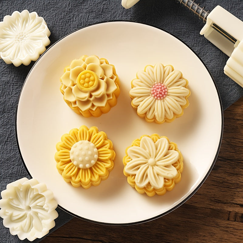 1 Set of Flower Moon Cake Mold with 1 Mold and 4 Stamps, DIY Hand Press Moon Cake Stamps for Mung Bean Cake, Mid Autumn Festival Pastry Mold, Flower-Shaped Moon Cake Maker, Baking Tools, and Kitchen Gadgets