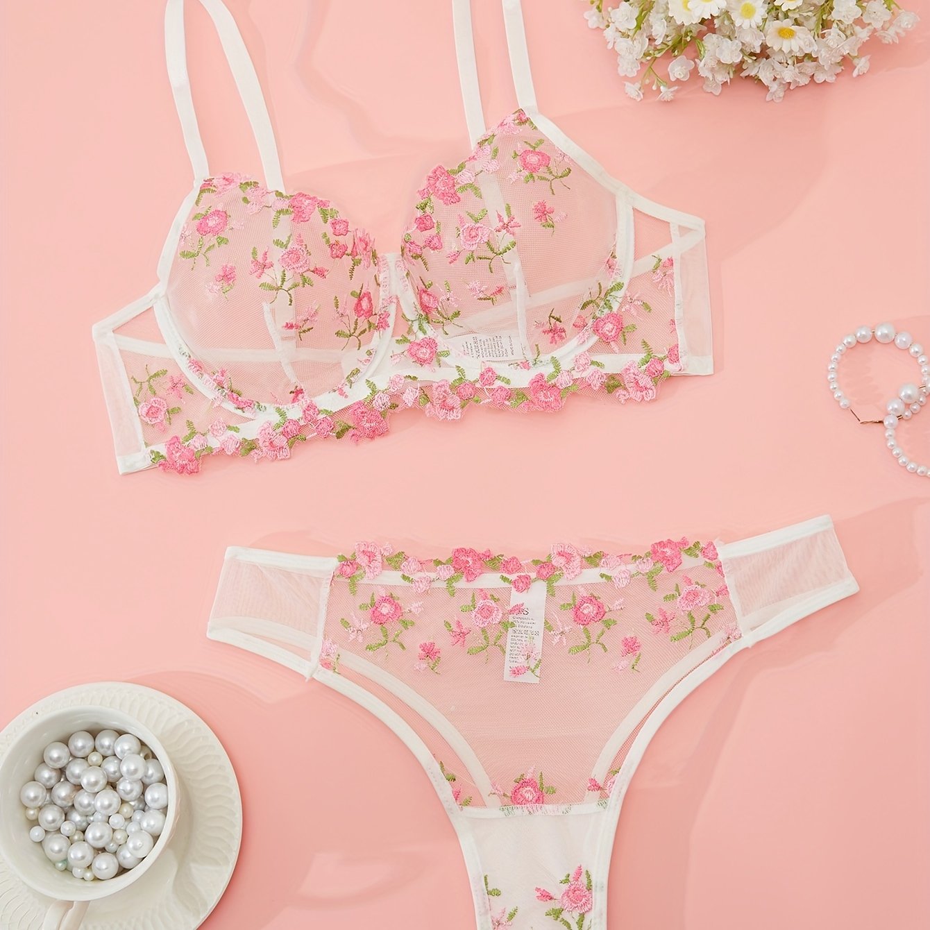 Floral Embroidery Lingerie Set with Sheer Mesh Bra and Panties for Women