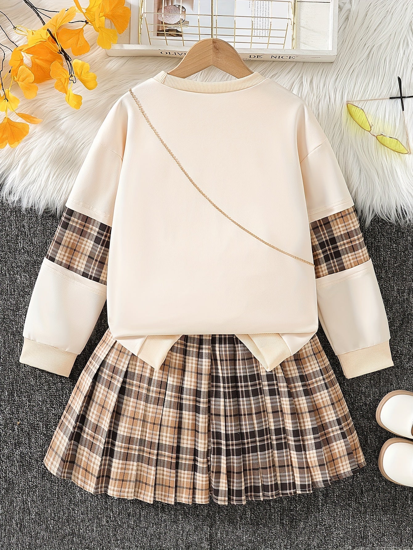 3-piece set with autumn-themed bear embroidery, plaid top, pleated skirt, and bear pendant.