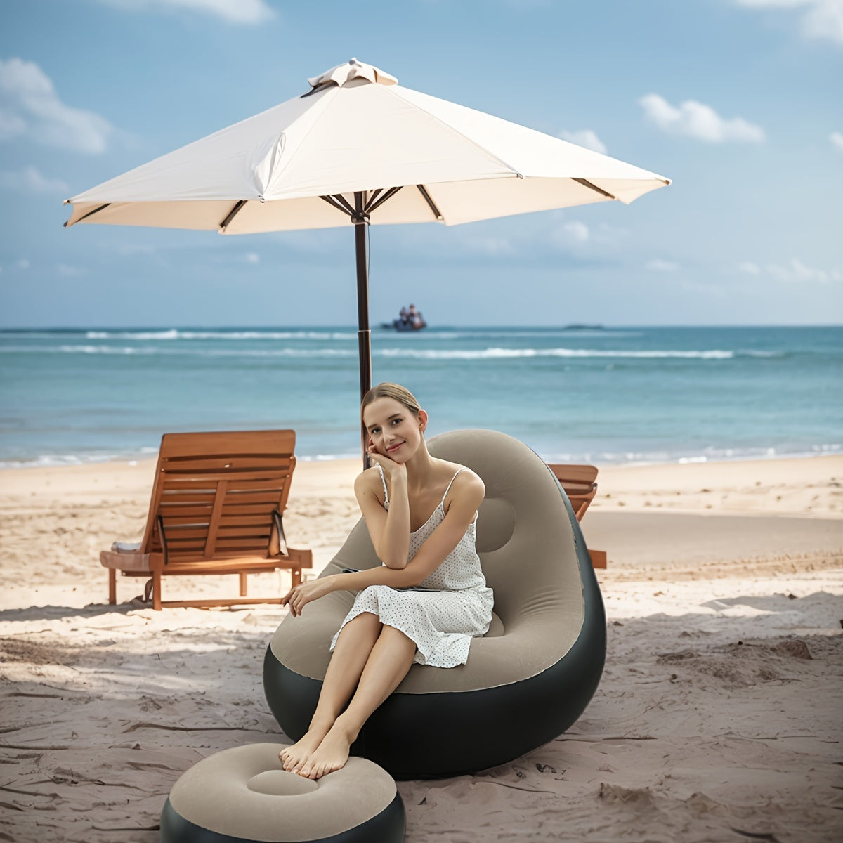 1pc Ergonomic Inflatable Plush Lounge Chair for Single Person - Portable & Foldable with Footrest, PVC Frame, Black & Beige, Ideal for Beach & Outdoor Relaxation