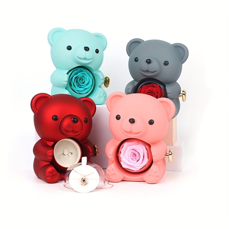 Art Deco style rotating jewelry box with bear hug flower design, made of plastic with "Love You" message and gift box included.