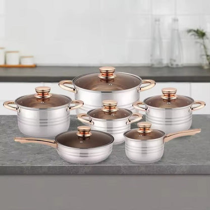 A durable set of 12 stainless steel cookware pieces featuring lids with anti-bronzing handles and visible lids. The 7-layer thickened covers provide durability, while the healthy material ensures safe cooking. This set includes a variety of kitchen pots