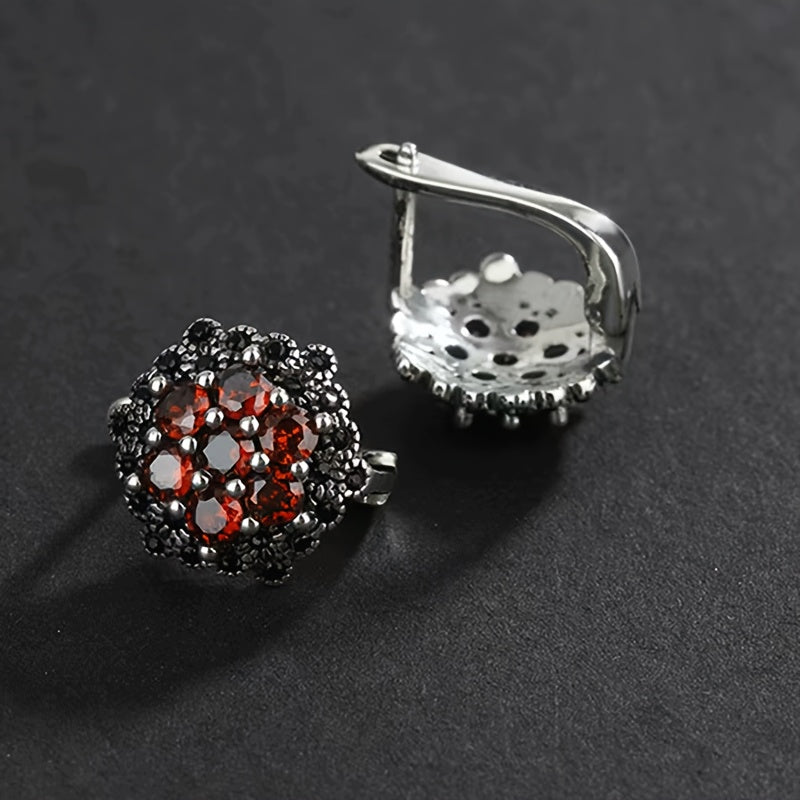 Sterling Silver Garnet Stud Earrings with Vintage Flower Design, Black Accent Stones, and Synthetic Zirconia. Hypoallergenic Ear Needle, High-Quality Jewelry Gift - 4.0g