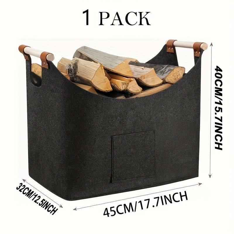 Large Capacity Felt Firewood Basket with Extendable Wooden Handle, Side Pocket, and Durable Thick Felt Material - Perfect for Fireplace Storage and Organization