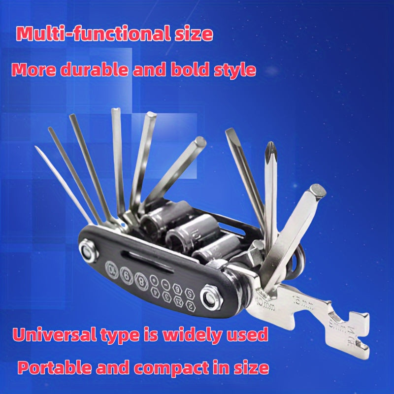 Compact 16-in-1 stainless steel multitool with hex keys, screwdriver set, and combination wrenches.