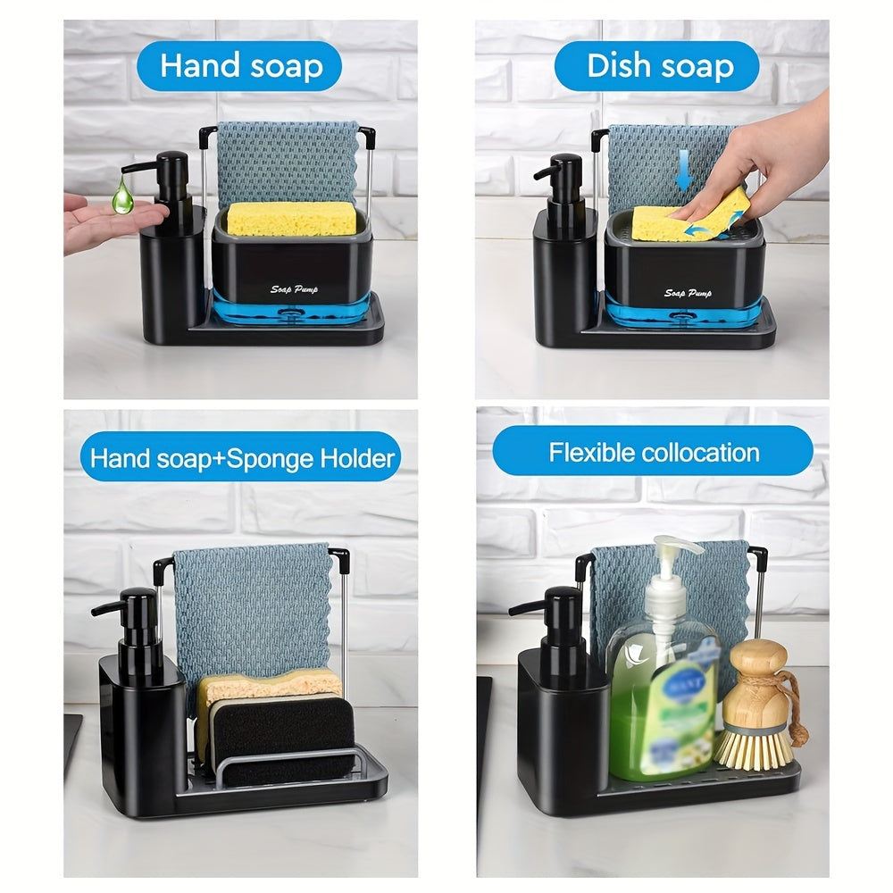 1pc Hand and dish soap dispenser set with sponge holder, dishcloth holder, and tray for kitchen sink. 5-in-1 organizer for sink countertop and bathroom.