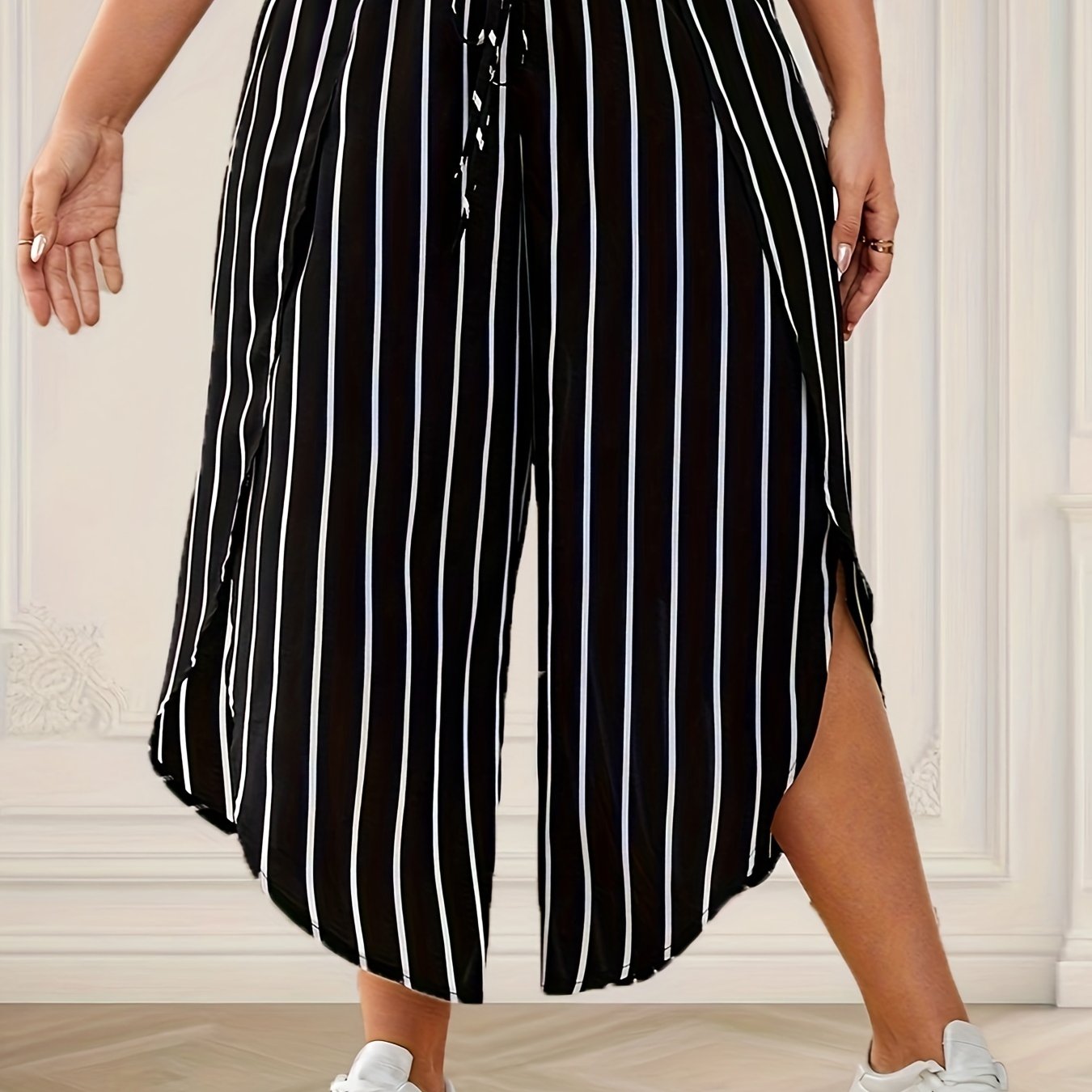 Plus Size Striped Loose Pants for Spring & Summer, Women's Casual Wide Leg High Waist Pants