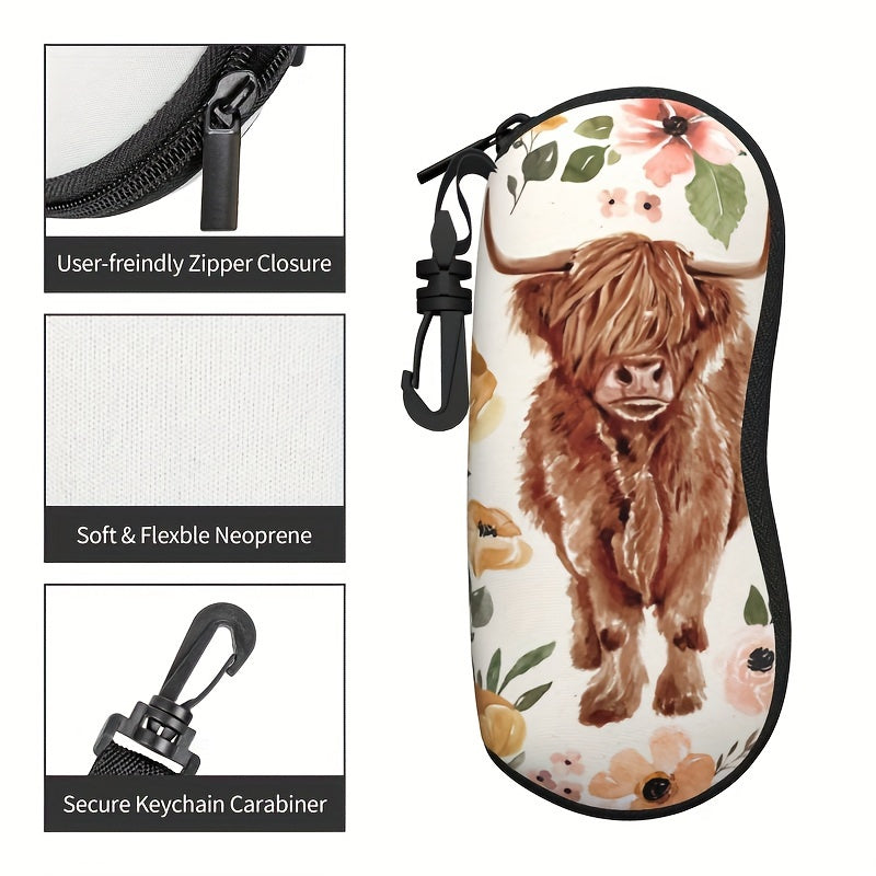 Highland Cow Glasses Case with Boho Floral Design - Stylish Travel Zipper Pouch for Men and Women