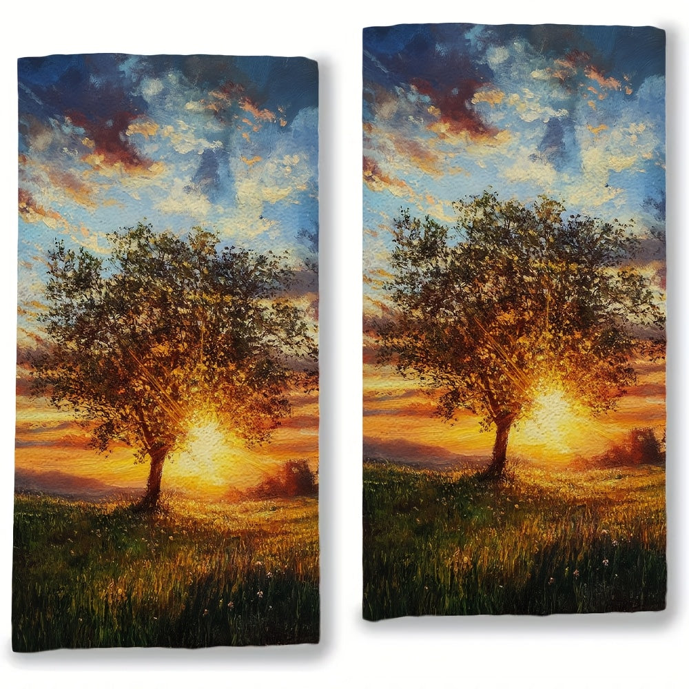 Get two ultra soft kitchen towels with "Sunset Serenity" and "Dusk Whimsy" designs. These highly absorbent polyester dish hand towels are machine washable and measure 40.64x60.96 cm. Perfect for holiday decor, these towels add a picturesque touch to your