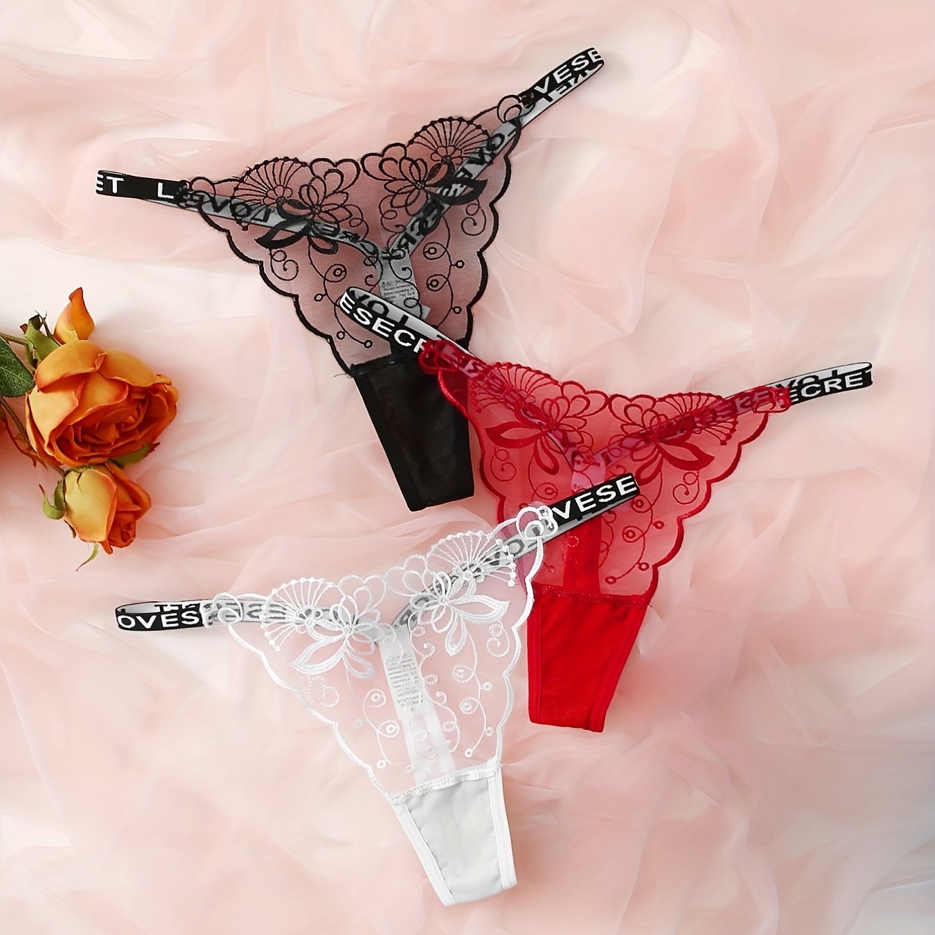 3 Floral Lace Mesh Thongs with Sheer Letter Tape, Women's Lingerie & Underwear.