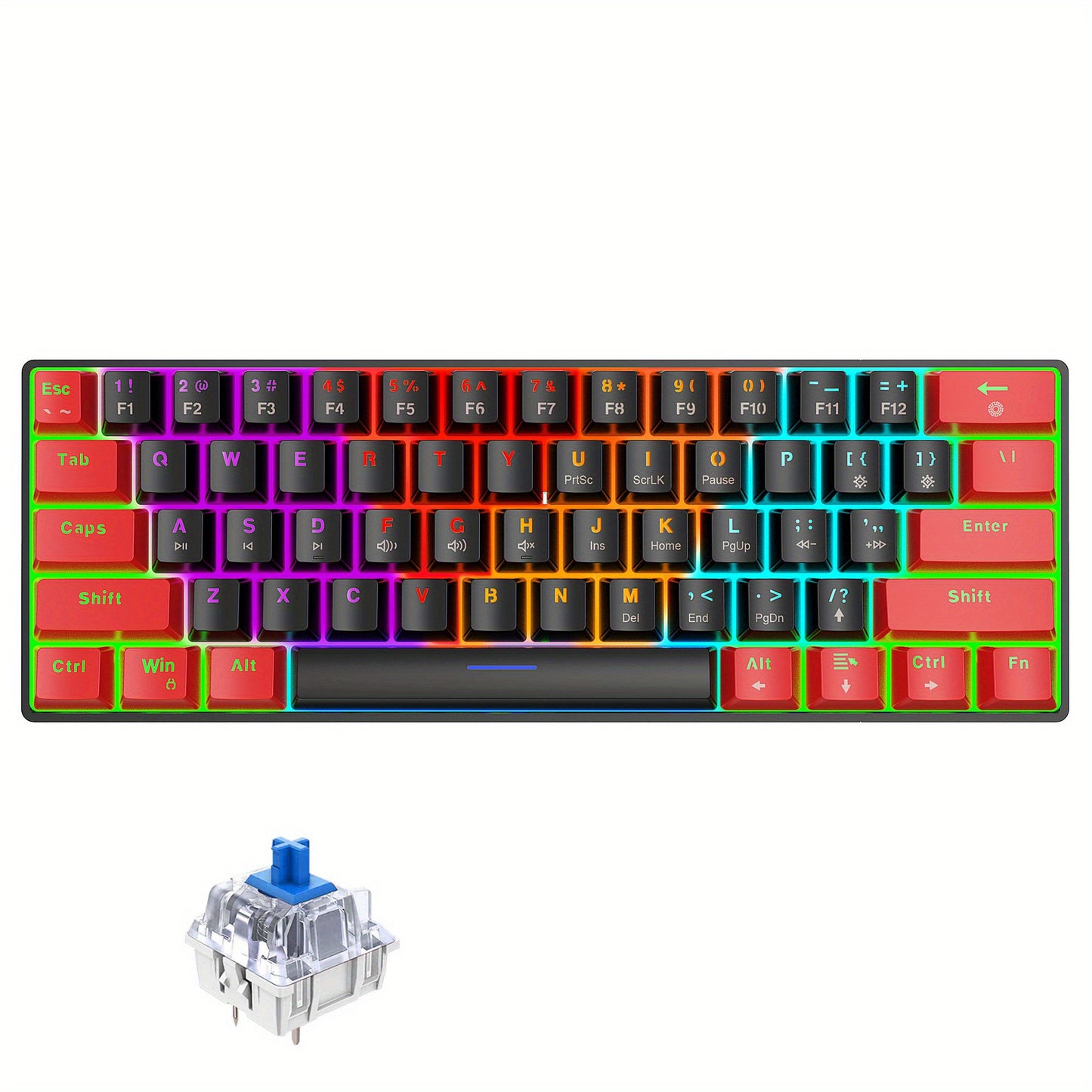 Snpurdiri 60% Mechanical Gaming Keyboard with LED Backlight, Blue and Red Switches, Portable Design