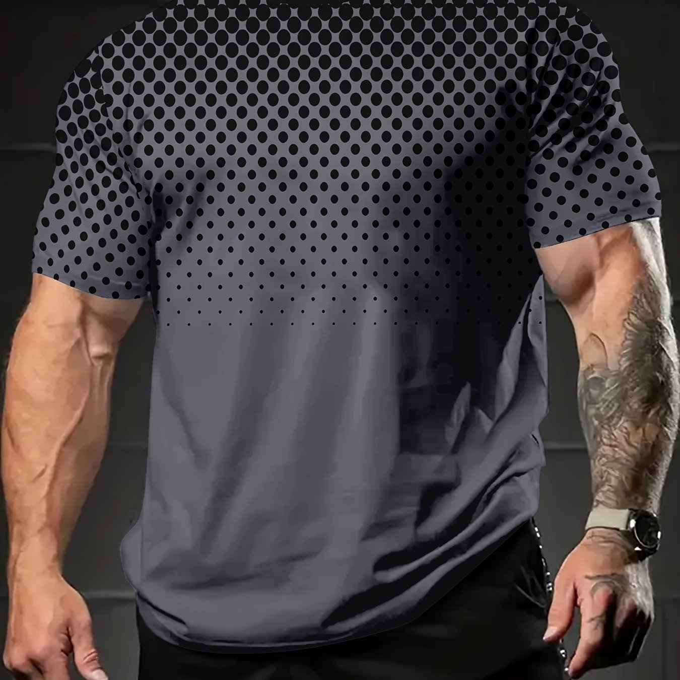 Men's Black Checkerboard T-Shirt with Classic Plaid Design and Gradient Blue Dot Print, made from Polyester Fabric. Casual Sports & Beach Style with Round Neck, Machine Washable.