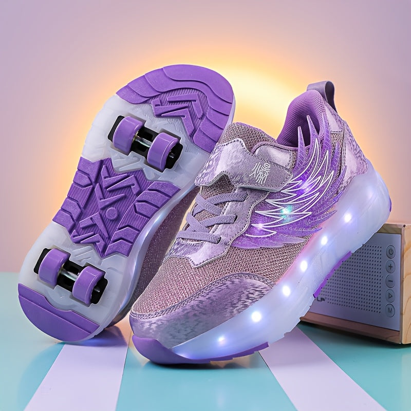 LED light-up roller skates for boys and girls, USB rechargeable with 4 wheels. Breathable and durable for indoor/outdoor use. All-season sports shoes with secure fit closure. Trendy glowing