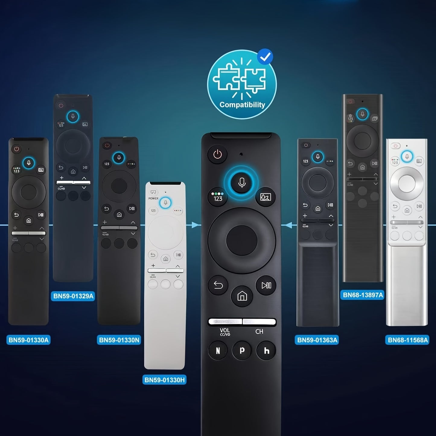 Voice control remote for Samsung TVs with Easy-Pair technology is compatible with Smart, Curved, QLED, LED LCD, 8K & 4K models. No batteries required, includes Play, Launch, and Navigation