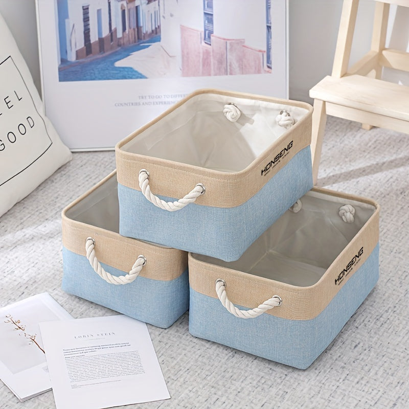 Set of 3 Large Linen Storage Baskets - Stylish Golden Organizers for Clothing, Books, Toys & Supplies - Ideal for Organizing Shelves